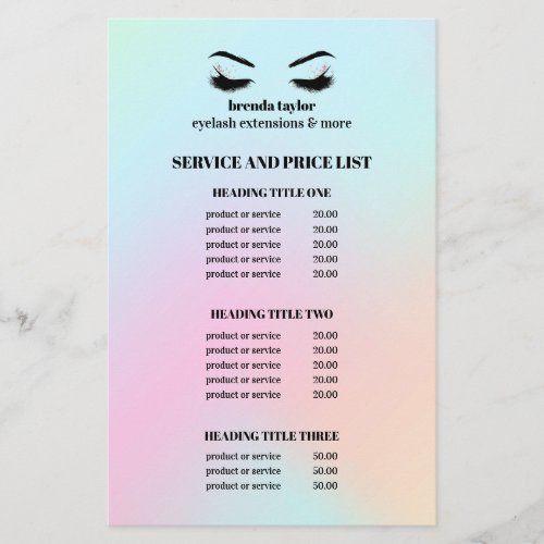 Modern Holographic EYELASH SALON SERVICE LIST Flyer