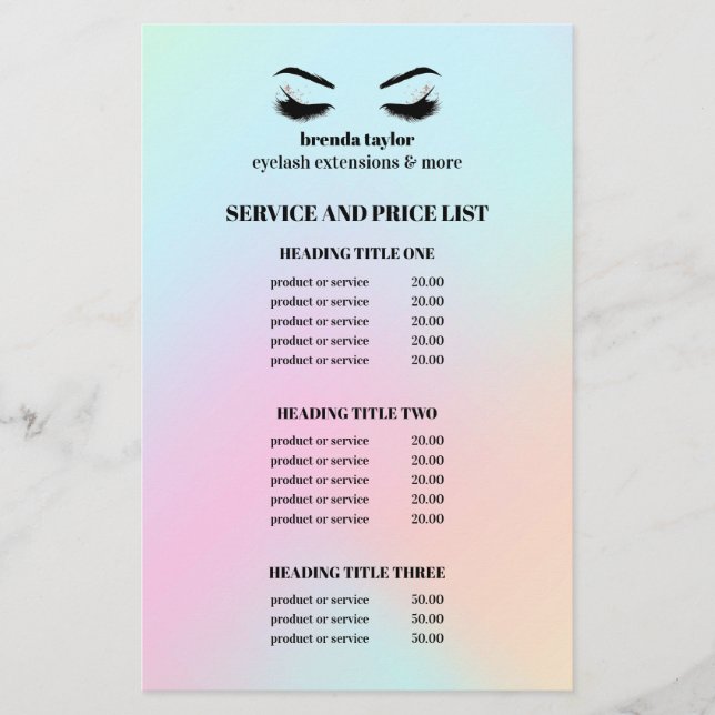Modern Holographic EYELASH SALON SERVICE LIST Flyer (Front)