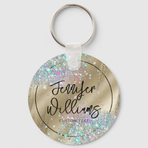 Modern Holographic Glitter Faux Foil Gold Business Keychain