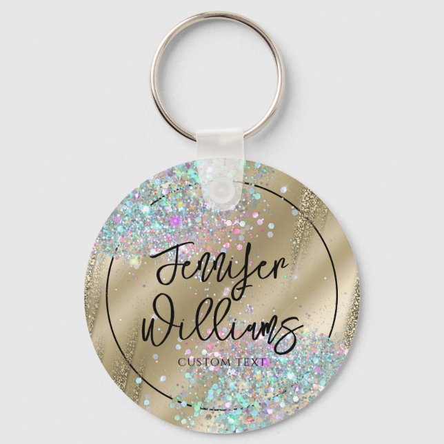 Modern Holographic Glitter Faux Foil Gold Business Keychain (Front)
