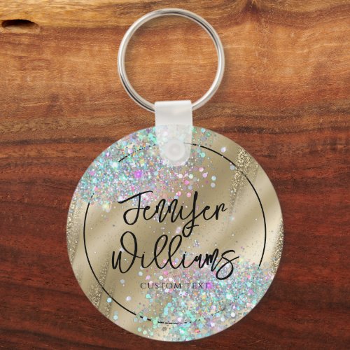 Modern Holographic Glitter Foil Faux Gold Business Keychain