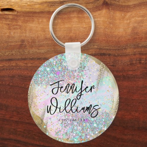 Modern Holographic Glitter Foil Gold Business Keychain