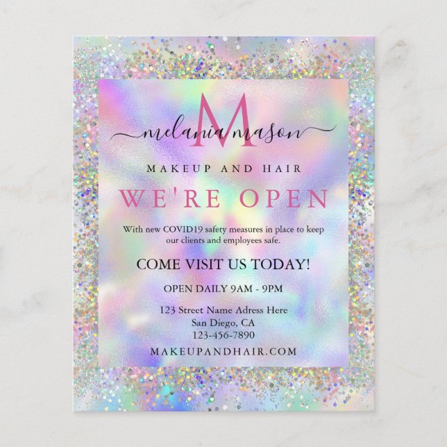 Modern Holographic Glitter Makeup Artist Salon Flyer (Front)