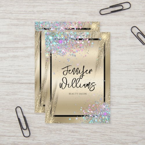 Modern Holographic Glitter Metallic Gold Beauty Business Card