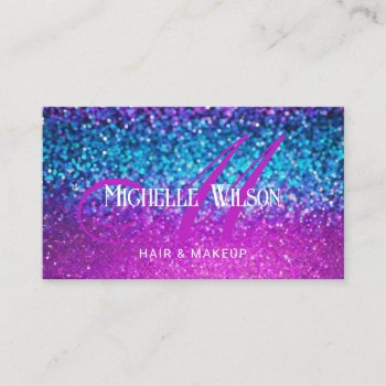 Modern Holographic Glitter Monogram Script Salon Business Card by BlackEyesDrawing at Zazzle