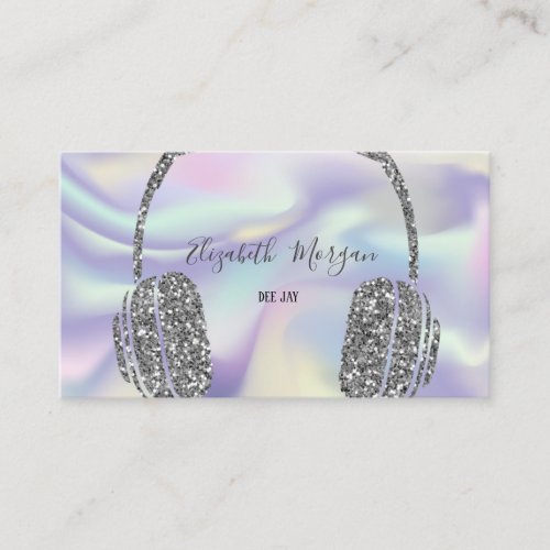 Modern Holographic Glitter Silver Headphone DJ Business Card