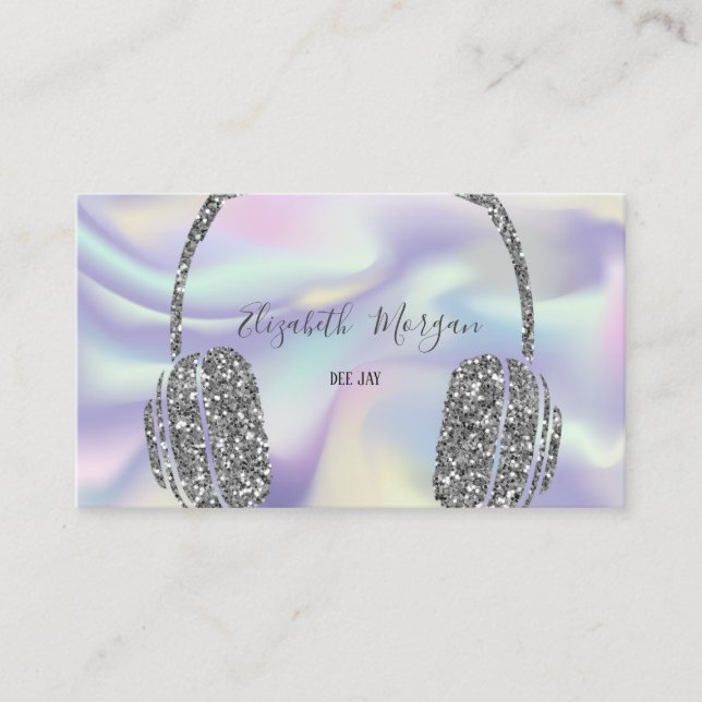 Modern Holographic Glitter Silver Headphone DJ Business Card (Front)