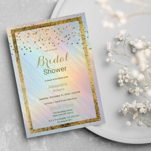 Modern Holographic Gold Confetti Bridal Shower Invitation