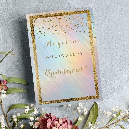 Modern Holographic Gold Confetti Bridesmaid Invitation