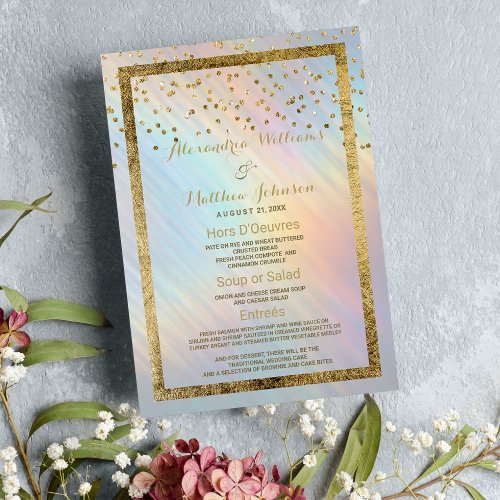 Modern Holographic Gold Confetti Wedding Menu