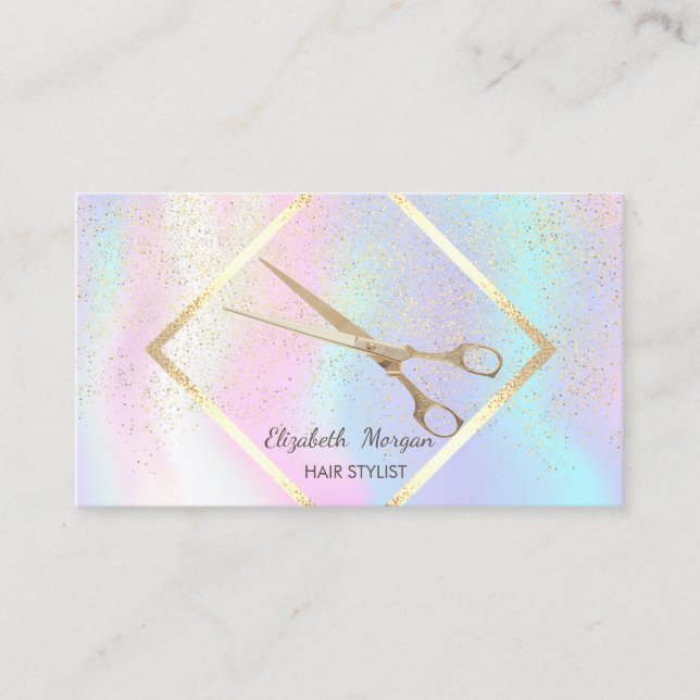 Modern Holographic Gold Frame,Confetti,Scissors Business Card (Front)
