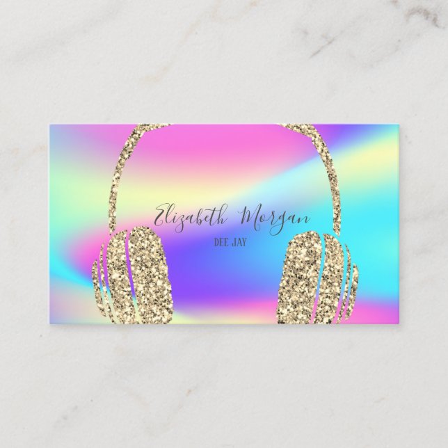 Modern Holographic Gold Glitter Headphone DJ Business Card (Front)