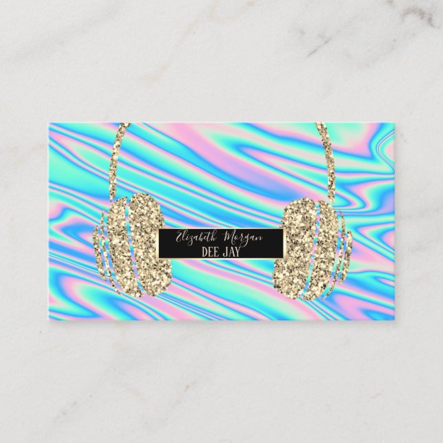 Modern Holographic, Gold Glitter Headphone DJ Business Card (Front)