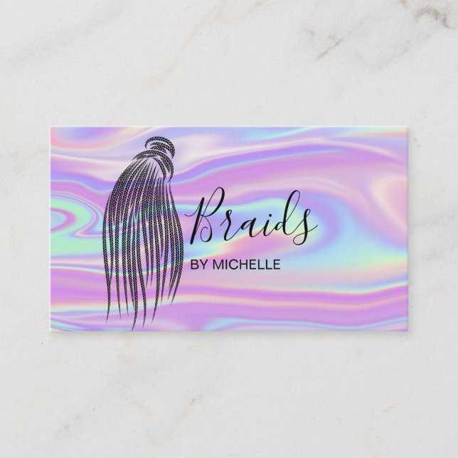 Modern Holographic Hair Braider, Braids, Braiding Business Card (Front)