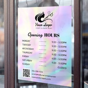 Modern Holographic Hair Salon Logo Opening Hours Window Cling