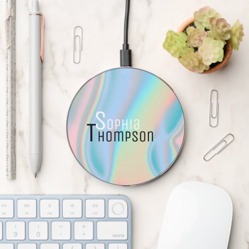 Modern Holographic Liquid Marble Black White Name Wireless Charger