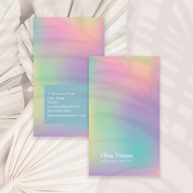 Modern Holographic Makeup Artist Business Card (Modern Holographic Makeup Artist Business Card on a sunny neutral dry palm leaf.)