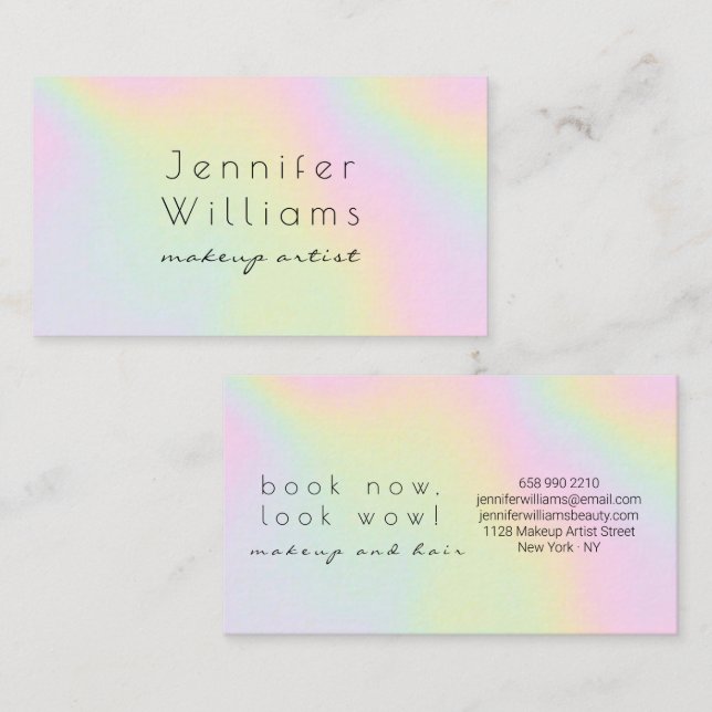 Modern holographic makeup artist pastel rainbow business card (Front/Back)