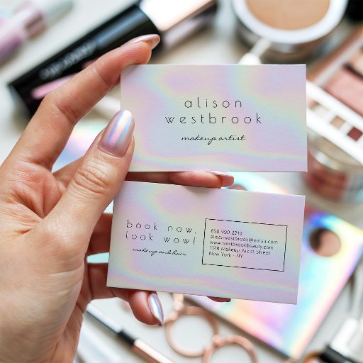 Customizable Modern holographic makeup artist pastel rainbow business card