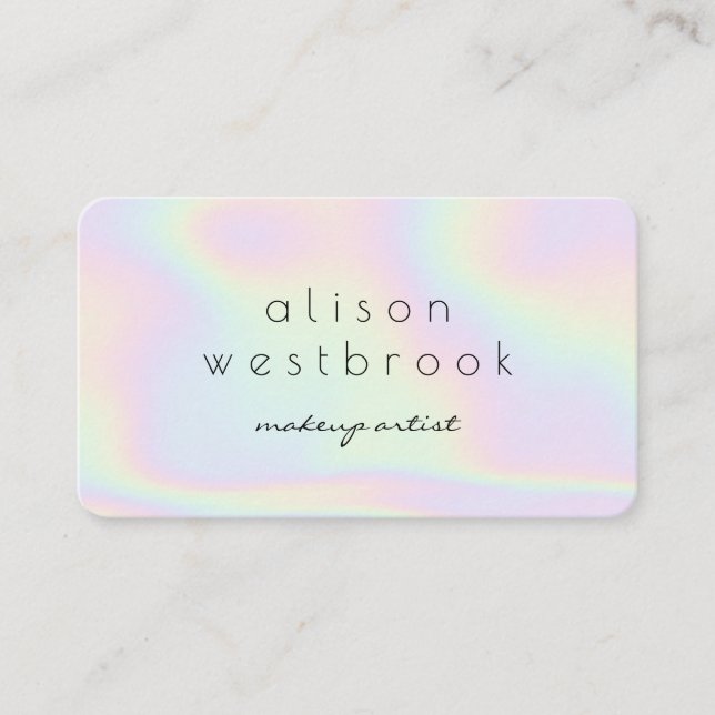 Modern holographic makeup artist pastel rainbow business card (Front)