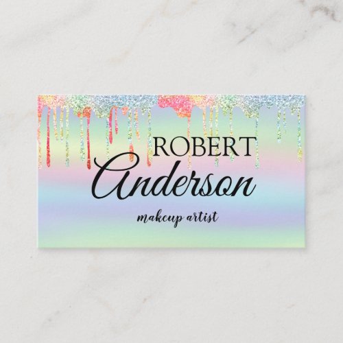 Modern holographic makeup artist unicorn rainbow business card