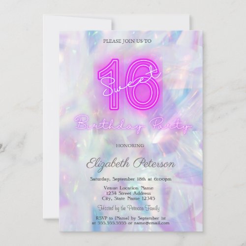 Modern Holographic Neon Sweet 16 Invitation