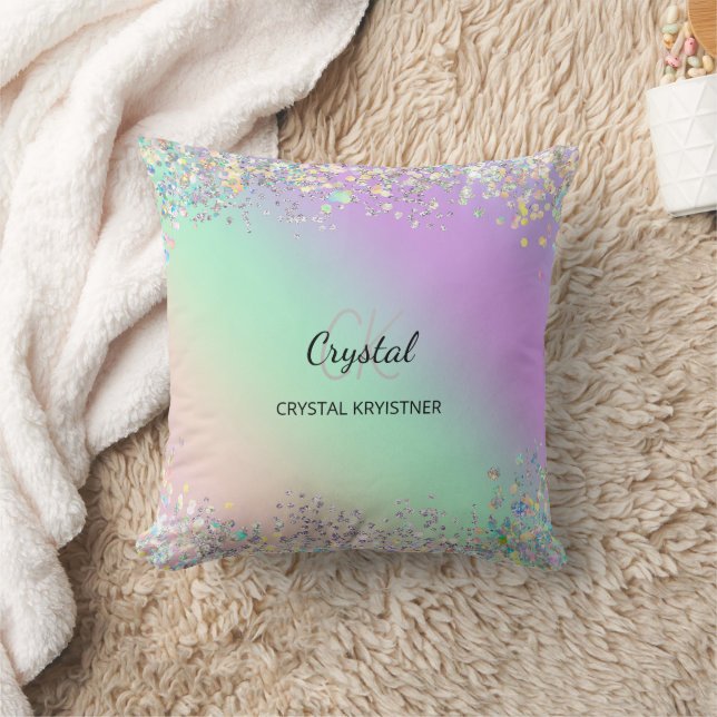 Modern Holographic Pastel Glitter Monogram Throw Pillow (Blanket)