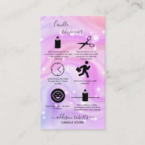 Modern Holographic Pink Glitter Candle Care  Business Card