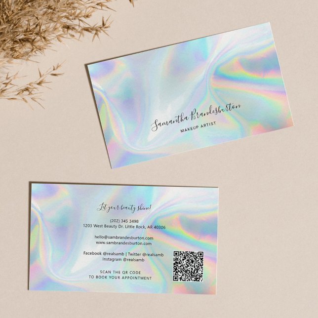 Modern Holographic QR Code Beautician  Business Card (Modern Makeup Artist Holographic Business Card)