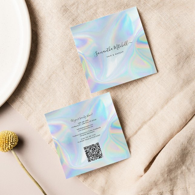 Modern Holographic QR Code Beautician Salon Square Business Card (Holographic Square Mini Hair Stylists Business Card)