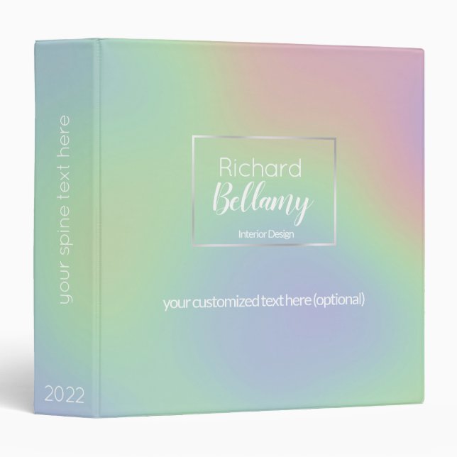 Modern Holographic Rainbow Effect Metal Frame 3 Ring Binder (Front/Spine)