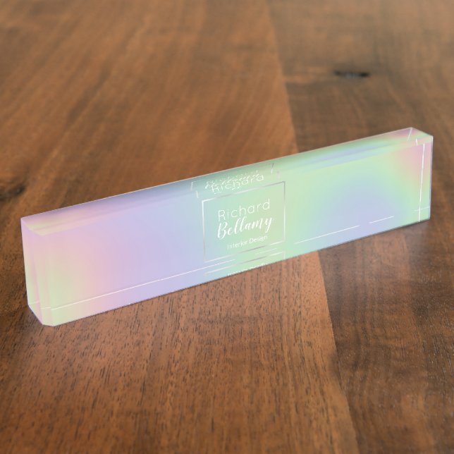Modern Holographic Rainbow Effect Metal Frame Desk Name Plate (Side)