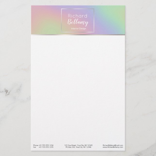 Modern Holographic Rainbow Effect Metal Frame Stationery (Front)