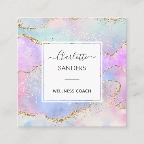 Modern holographic rainbow gold glitter square business card