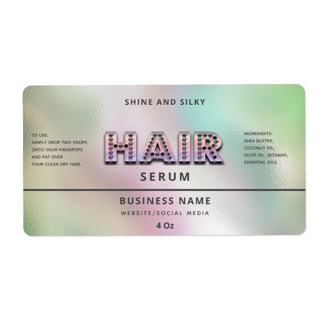Modern holographic rainbow simple hair serum label (Front)
