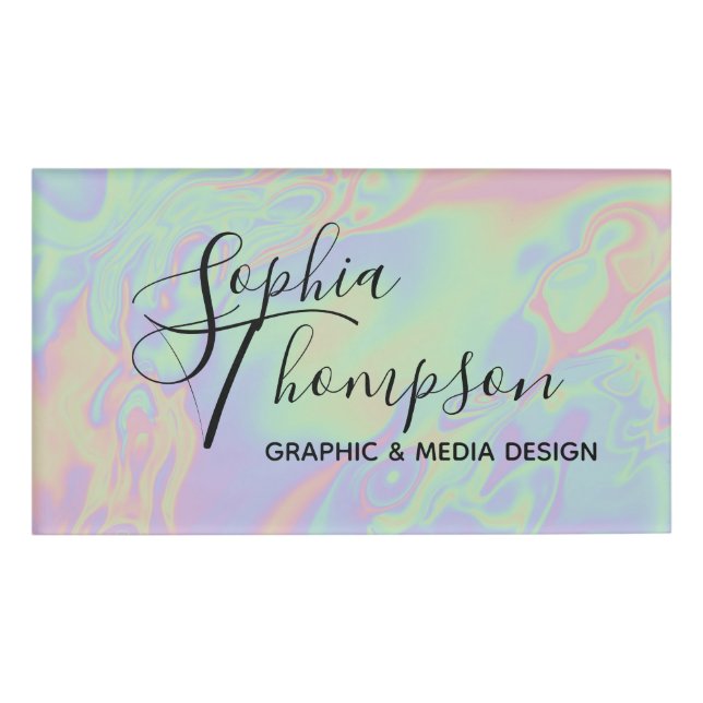 Modern Holographic Script Rainbow Pastel Name Tag (Front)