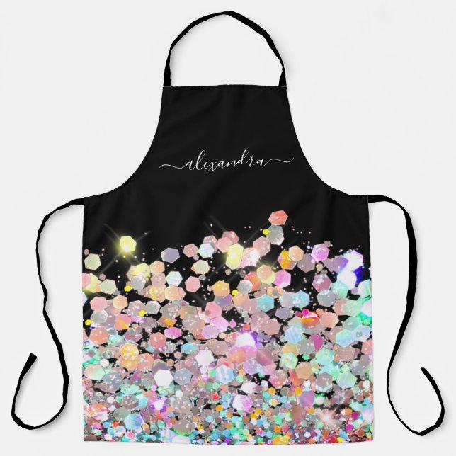 Modern Holographic Sparkle Glitter Custom Black Apron (Front)