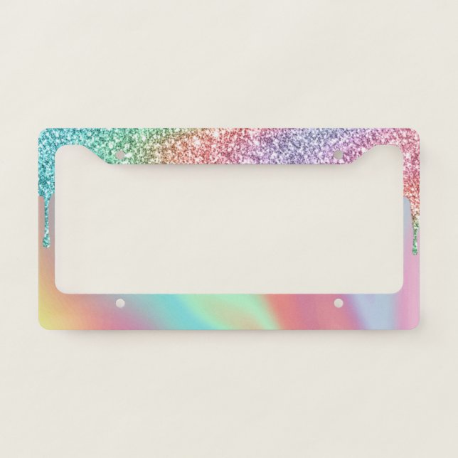 Modern Holographic Unicorn Glitter Drips License Plate Frame (Front)