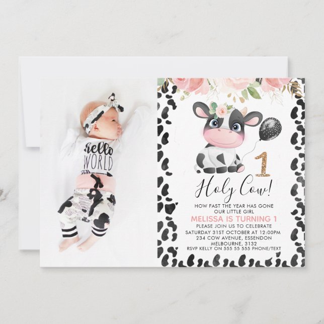 Modern Holy Cow Pink Floral 1st Birthday Invitation (Front)