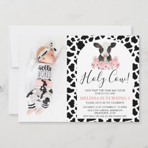 Modern Holy Cow Pink Floral Birthday Invitation