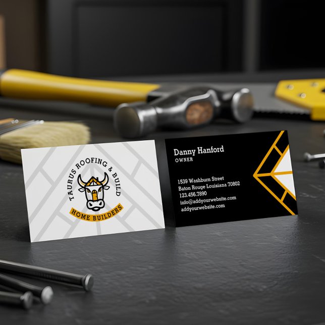 Modern Home Construction Contractor Handyman Logo Business Card (Modern Bull Head Roofing Construction Logo Design Business Card)