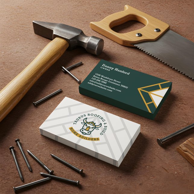 Modern Home Construction Contractor Handyman Logo Business Card (Modern Bull Head Roofing Construction Logo Design Business Card)