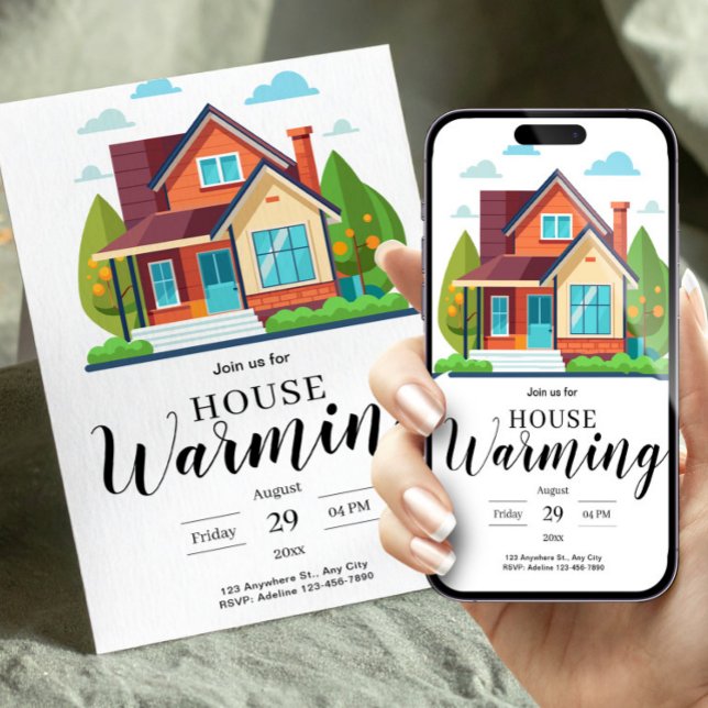 Modern Home Illustration Green Brown Housewarming Invitation (Modern Home Illustration Green Brown Housewarming Invitation, Home Sweet Home, New Apartment Invite)