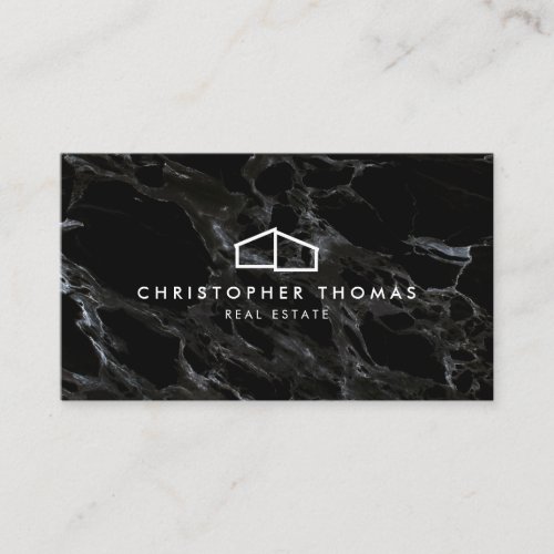 Modern Home Logo Architecture Realtor Black Marble Business Card