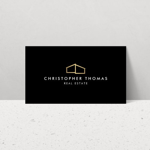 Modern Home Logo Faux Gold on Black Business Card
