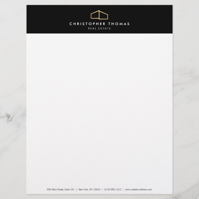 Modern Home Logo Faux Gold on Black Letterhead (Front)