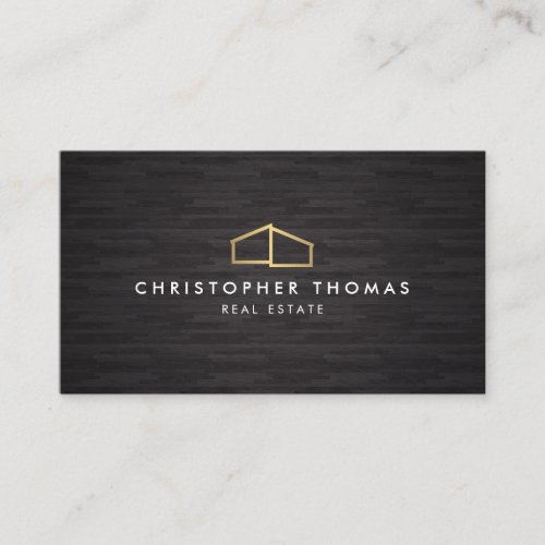 Modern Home Logo Faux Gold on Black Wood Business Card