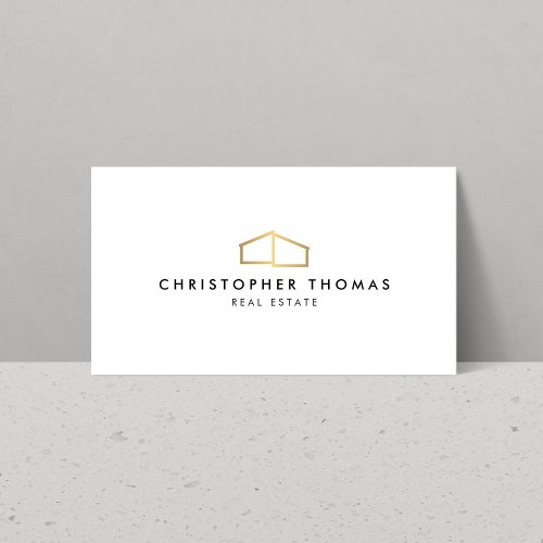 Modern Home Logo Faux Gold on White Business Card