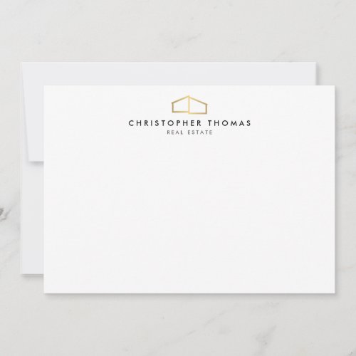 Modern Home Logo Faux Gold on White Flat Note Card