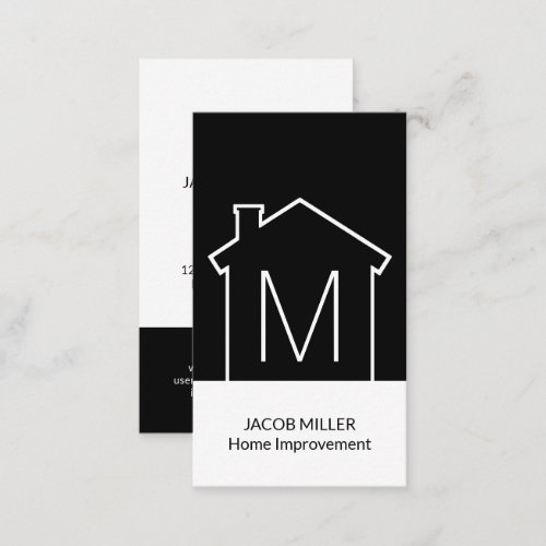 Modern Home Logo Monogram Vertical Black and White Business Card